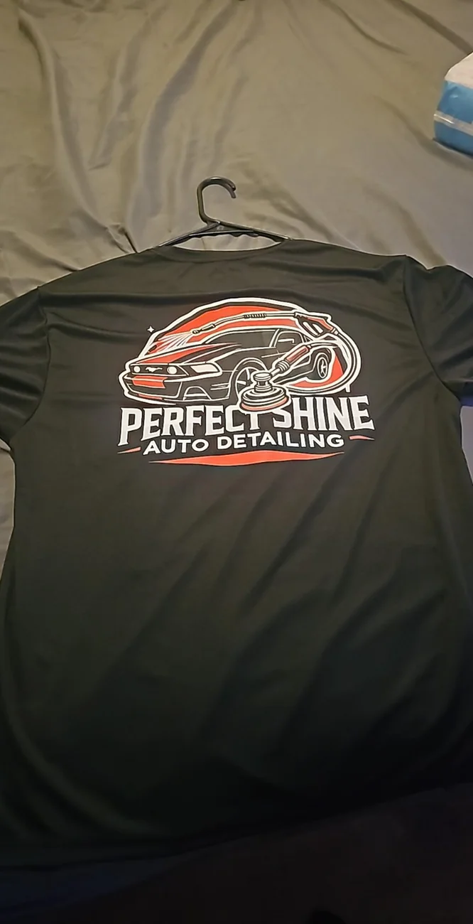 Back print of Perfect Shine Auto Detailing black company shirt