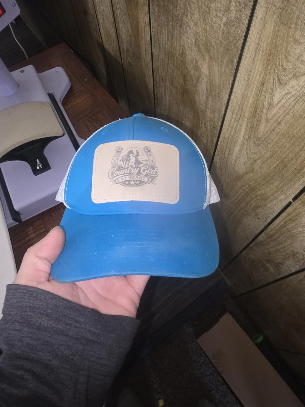 Blue embroidered-look custom patch hat