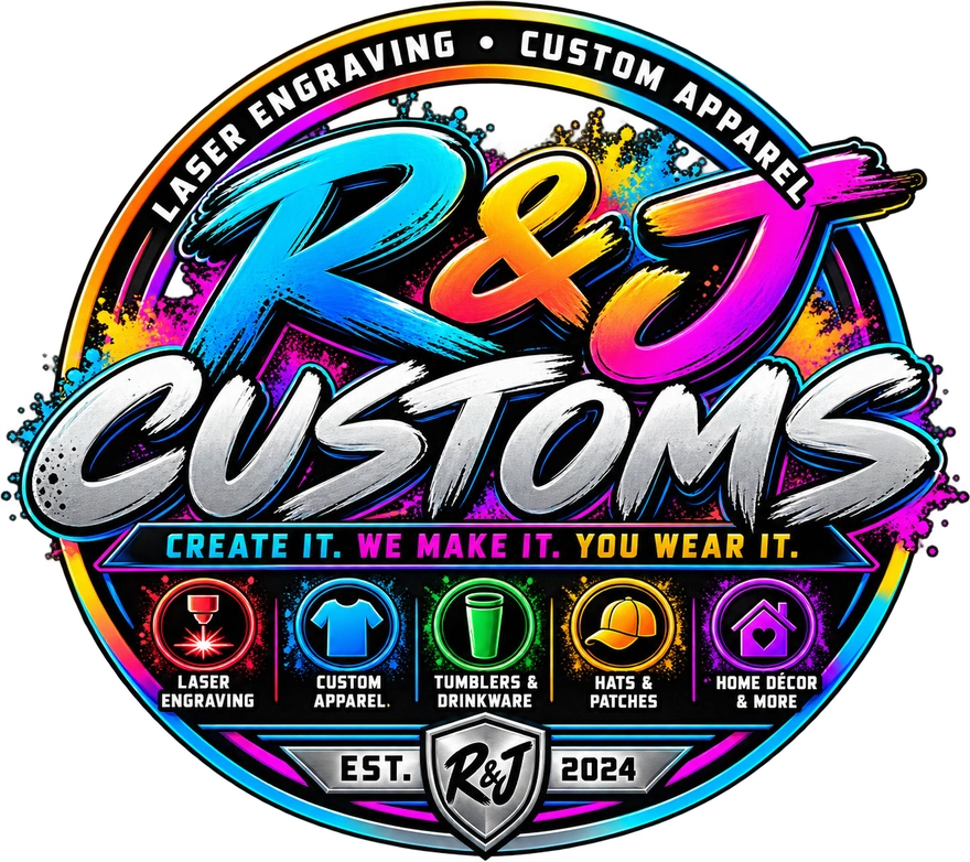 R and J Customs logo on illustrative sign