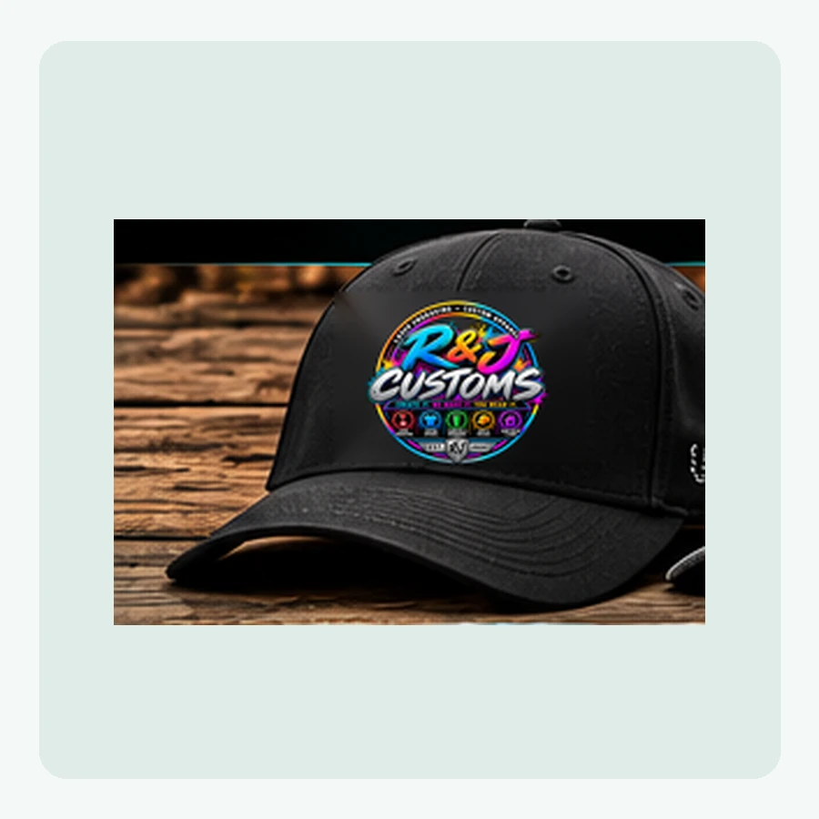 Mockup of solid fabric black baseball cap with the official neon R and J Customs logo